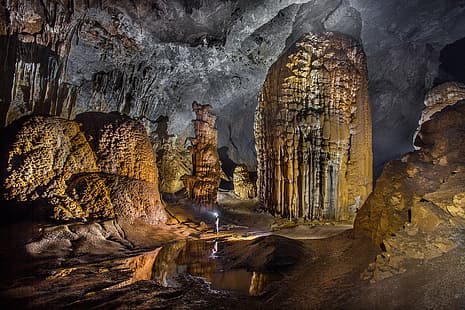 grotte, Hang Son Doong, Asie, nature, paysage, eau, lampe de poche, Vietnam, Fond d'écran HD HD wallpaper