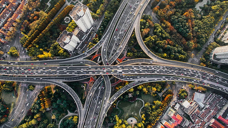 trees  architecture  China  birds eye view  interchange  car  crossroads  highway  city  Shanghai  cityscape  building  aerial view  traffic  road, HD wallpaper