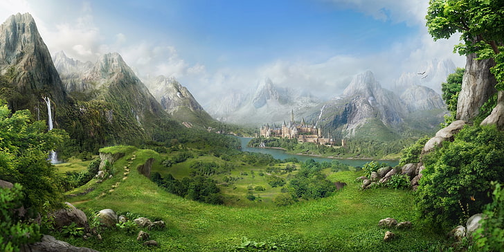 paesaggio fantasy, castello, foresta, cascata, montagne, cielo, volatile, fantasia, Sfondo HD