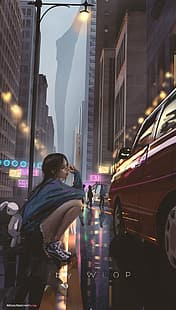 垂直、アニメ、アニメの女の子、WLOP、車、都市、通り、 HDデスクトップの壁紙 HD wallpaper
