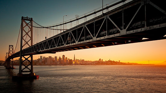 jembatan, Jembatan Oakland Bay, sungai, matahari terbenam, kota, arsitektur, Wallpaper HD HD wallpaper