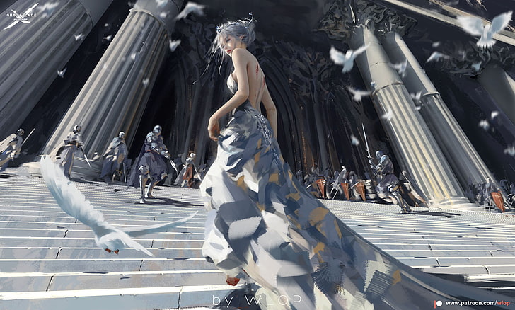 Final Fantasy 15 Lunafreya illustration, WLOP, anime girls, white hair, dress, Ghost Blade, HD wallpaper