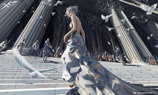 Ilustrasi Final Fantasy 15 Lunafreya, WLOP, gadis anime, rambut putih, gaun, Ghost Blade, Wallpaper HD HD wallpaper