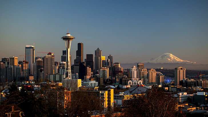 Seattle, Monte Rainier, ago spaziale, Stati Uniti, paesaggio urbano, centro, grattacielo, palazzone, torre, Washington, Sfondo HD
