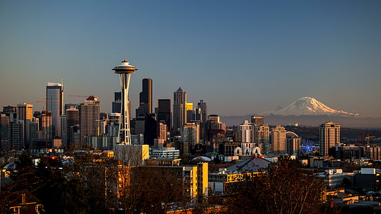 Сиатъл, Mount Rainier, космическа игла, САЩ, градски пейзаж, центъра, небостъргач, кула, кула, Вашингтон, HD тапет HD wallpaper