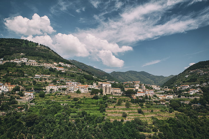hills, Italy, 8k, 4k, sky, Ravello, trees, Amalfi Coast, 5k, HD wallpaper