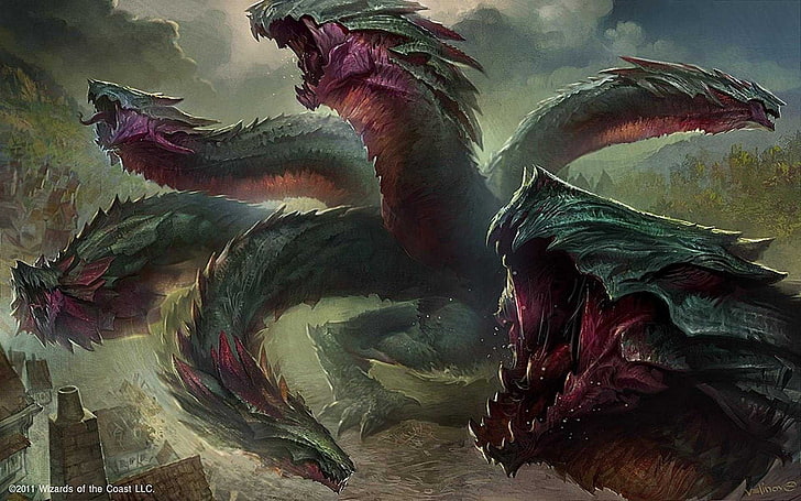 иллюстрация с шестью головами зеленого и розового дракона, магия: сбор, всеядное существо гидра (сбор магий), HD обои