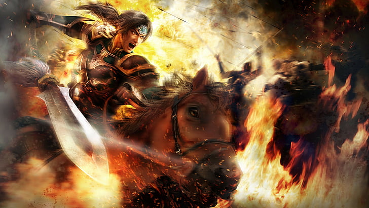 man riding a brown horse holding a sword 3D wallpaper, Dynasty Warriors 8, Tokyo Game Show 2017, screenshot, 4k, HD wallpaper