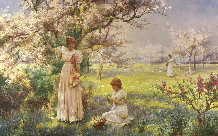 tres niñas en la pintura de campo, árboles, flores, niñas, jardín, niña, caminar, floración, cereza, primavera, recogiendo flores, flores, Fondo de pantalla HD
