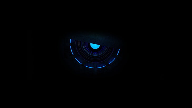 illustrazione di occhio di robot nero e blu, minimalismo, blu, arte digitale, cyborg, Sfondo HD