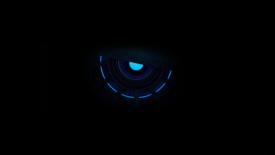 черно-синий робот глаз иллюстрация, минимализм, синий, цифровое искусство, киборг, HD обои HD wallpaper
