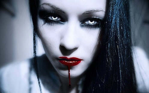 кровь, темнота, лицо, фэнтези, готика, ужасы, вамп, вампир, женщины, HD обои HD wallpaper