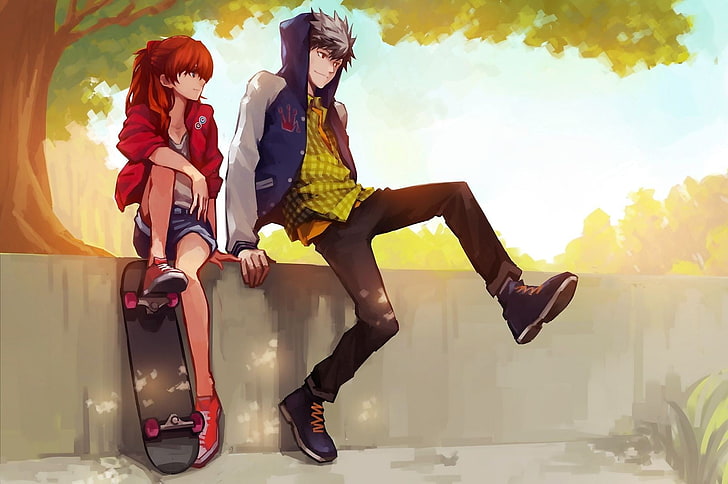 due personaggi maschili e femminili di anime, Neon Genesis Evangelion, skateboard, Kaoru Nagisa, Asuka Langley Soryu, Sfondo HD