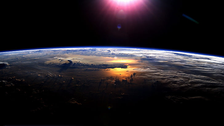 aerial photo of blue planet, space, Earth, Sun, planet, space art, digital art, atmosphere, clouds, satellite, HD wallpaper