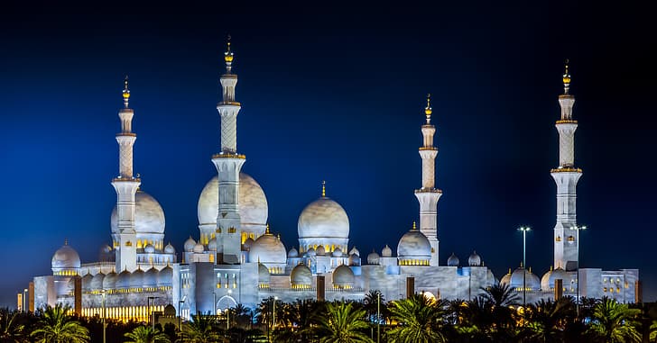 night, mosque, architecture, Abu Dhabi, UAE, The Sheikh Zayed Grand mosque, minarets, Sheikh Zayed Grand Mosque, HD wallpaper