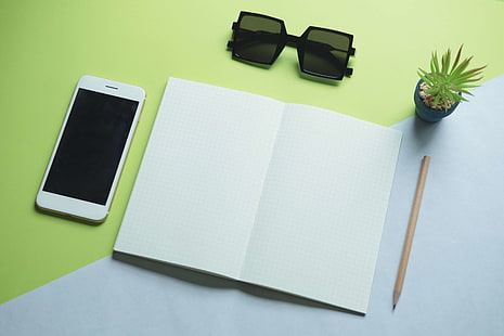 blank, colors, desk, electronics, flat, green, indoors, modern, notebook, notepad, paper, pencil, phone, plant, screen, smartphone, sunglasses, table, technology, white, HD wallpaper HD wallpaper