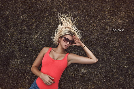 women, blonde, sunglasses, hands on head, grass, portrait, Alexander Belavin, HD wallpaper HD wallpaper