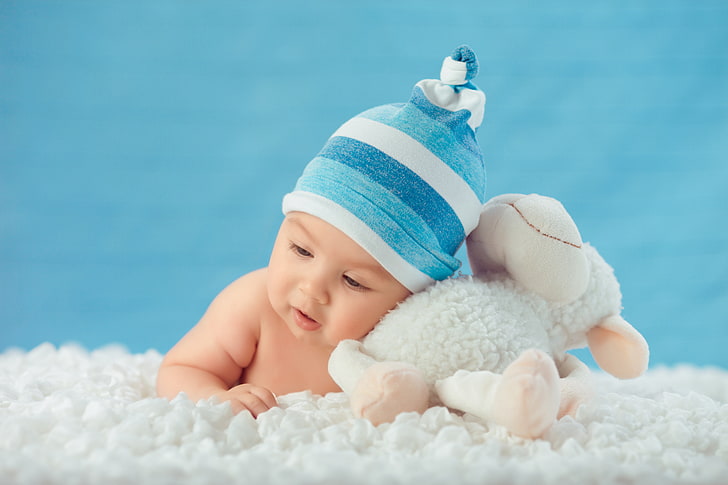 baby's blue and white striped beanie, child, face, sweet, baby, kid, newborn, HD wallpaper