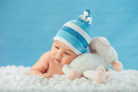 gorro a rayas azules y blancas del bebé, niño, cara, dulce, bebé, niño, recién nacido, Fondo de pantalla HD HD wallpaper