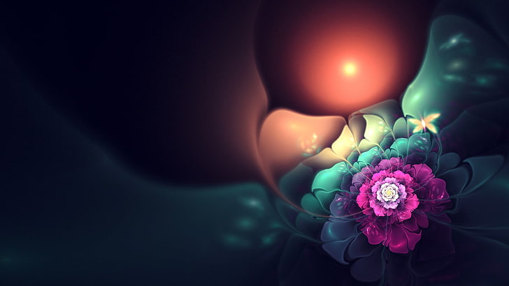 خلفية رقمية للزهور الأرجواني والأخضر ، مخدر ، أزهار كسورية ، فن رقمي، خلفية HD