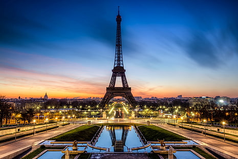 Eiffel Tower, Paris, road, sunset, the city, lights, France, Paris, the evening, excerpt, lighting, Eiffel tower, fountains, La tour Eiffel, HD wallpaper HD wallpaper