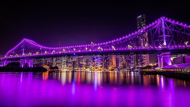 Brücke, Fluss, Gebäude, Haus, Australien, Nachtstadt, Wolkenkratzer, Brisbane, Brisbane River, Brisbane River, Story Bridge, HD-Hintergrundbild