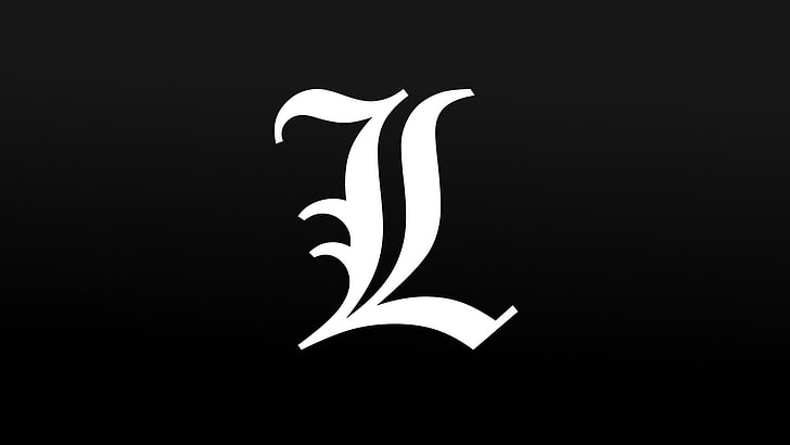 Logo Deathnote L, Death Note, Lawliet L, czarne tło, prostota, minimalizm, Tapety HD