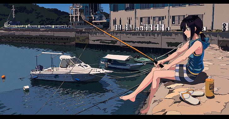 焦 茶, gadis anime, memancing, kapal, dermaga, air, Wallpaper HD