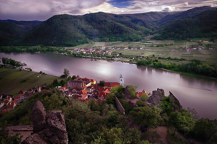 Austria, paisaje, río, montañas, Donau, Fondo de pantalla HD