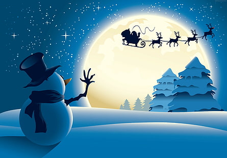 Santa, winter, Christmas, snowman, moon, New Year, deer, 4k, HD wallpaper HD wallpaper