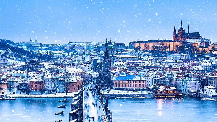 Invierno, río, Praga, República Checa, Navidad, panorama, puente de Carlos,  Fondo de pantalla HD | Wallpaperbetter