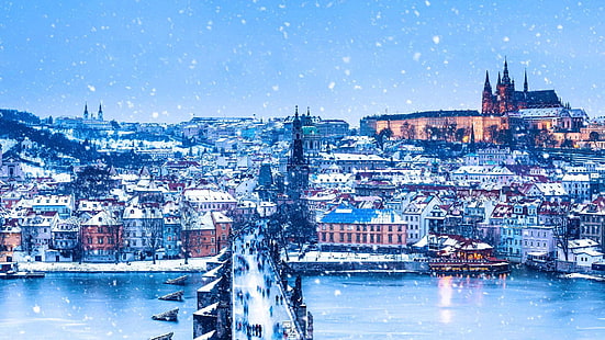 冬、川、プラハ、チェコ共和国、クリスマス、パノラマ、カレル橋、 HDデスクトップの壁紙 HD wallpaper