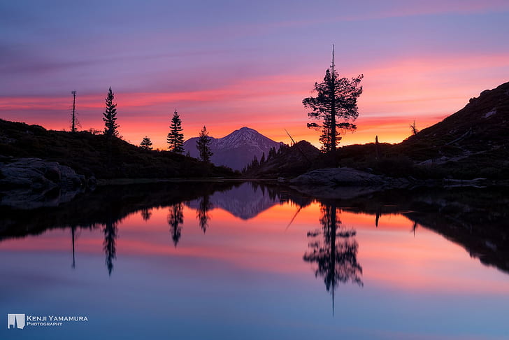 sunset, reflection, mountain, photographer, Heart Lake, Mount Shasta, Kenji Yamamura, HD wallpaper