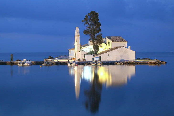 luz, reflexão, árvore, Grécia, espelho, O mar Jónico, barco a motor, Corfu, Ilha do rato, Igreja de Panagia Vlacherna, HD papel de parede