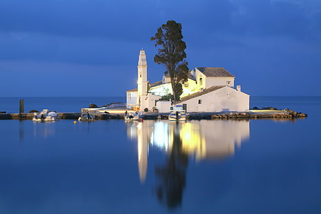 ljus, reflektion, träd, Grekland, spegel, Joniska havet, motorbåt, Korfu, Isle of Mouse, Church of Panagia Vlacherna, HD tapet HD wallpaper