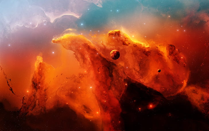 Stong Orange Nebula, abstract painting, planets, background, HD wallpaper