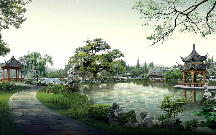 Oriental HD, green oriental garden, photography, oriental, HD wallpaper