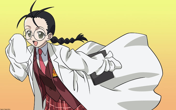 женщина в белом аниме с длинными рукавами, иллюстрация персонажа махо сэнсэя негима, девушка, очки, платье, тесьма, HD обои