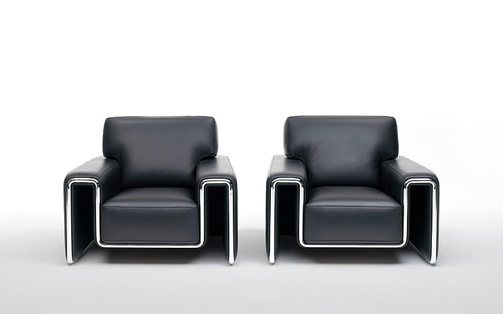 two black leather sofa chairs, chair, furniture, leather, style, HD wallpaper