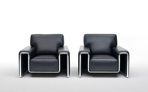 два черных кожаных дивана кресла, кресло, мебель, кожа, стиль, HD обои HD wallpaper
