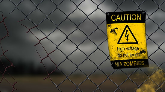 fence, warning signs, high voltage, humor, zombies, digital art, HD wallpaper HD wallpaper