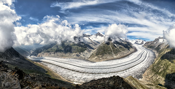 панорамна фотография на планинска долина, ледник Aletsch, панорамна фотография, планина, долина, Алпи, Швейцария, PTGUI, Nikon D7000, облаци, природа, планински връх, сняг, пейзаж, живопис, на открито, пътуване, HD тапет