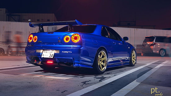 Nissan Skyline GT-R R34, JDM, รถญี่ปุ่น, Nissan Skyline GT-R, Nissan, รถสีน้ำเงิน, รถสปอร์ตกลางคืน, วอลล์เปเปอร์ HD HD wallpaper
