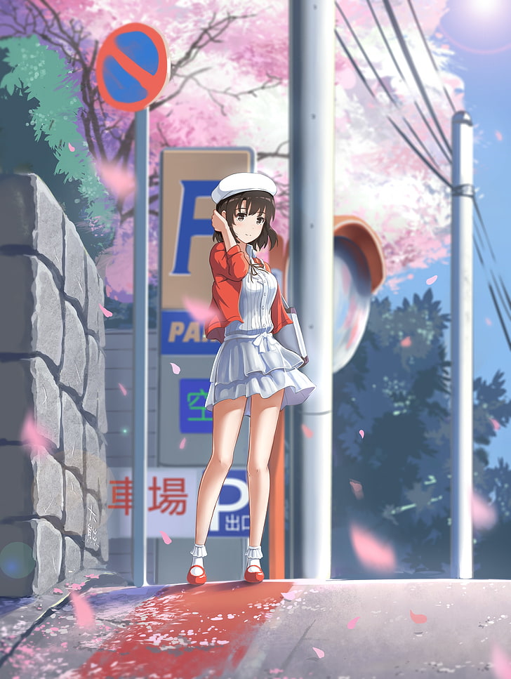 katou megumi, saenai heroine no sodatekata, sakura blossom, road, Anime, HD wallpaper