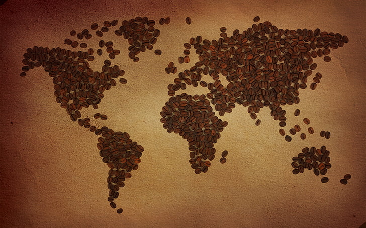 mappa del mondo del chicco di caffè, il mondo, caffè, mappa, grano, chicchi di caffè, continente, terraferma, Sfondo HD