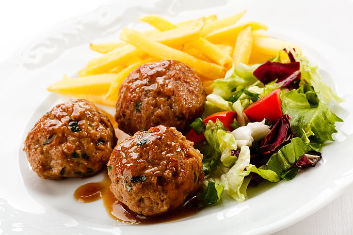 meat balls served with potato fries and vegetable, meat, dish, meatballs, sauce, vegetables, HD wallpaper