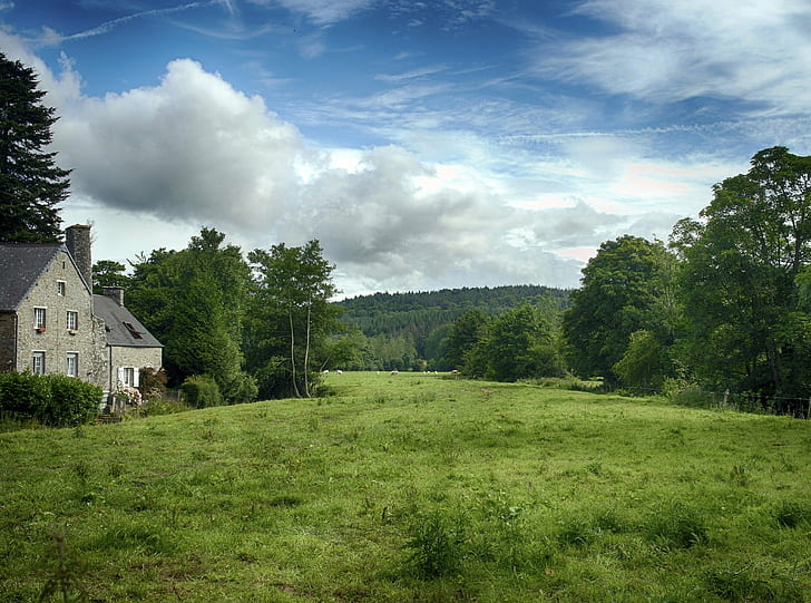 village house on green grass field, French House, House In The Hills, village, green grass, france, french, greenery, all  black, black  blue, blues, close, coigny, contrast, daisy, darkness, detail, dynamic, fence, field, flower, focus, hdr, high  hill, land, landscape, lens, long, nature, photostream, plant, pollen, process, range  road, samsung, summer  sun, tones, wild  water, water  house, villa, cow, cows, animals, le  vast, grass, summer, outdoors, sky, HD wallpaper