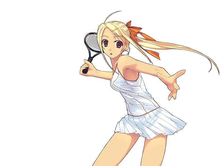 female anime character holding tennis racket wallpaper, girl, blond, tennis, game, racket, HD wallpaper