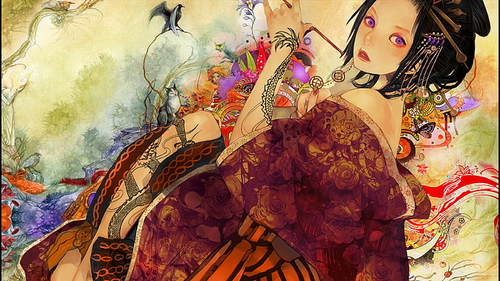 Pintura de geisha, anime, chicas anime, yakuza, arte digital, geisha, kimono, tatuaje, Fondo de pantalla HD
