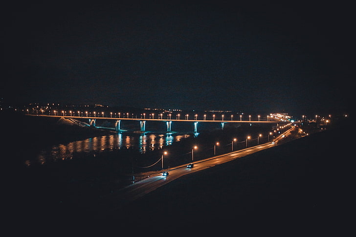 black bridge, night, bridge, the city, river, lights, Russia, Oka, Kaluga, HD wallpaper